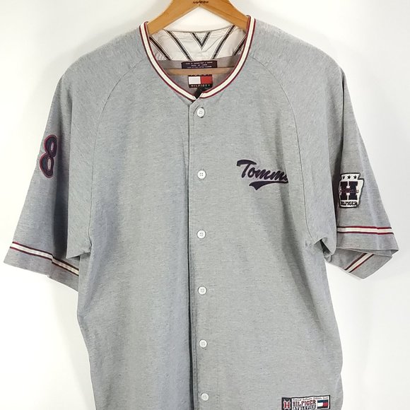 Vtg Tommy Hilfiger Athletics Jersey Shirt Men's Large Gray Embroidered Logo 90s